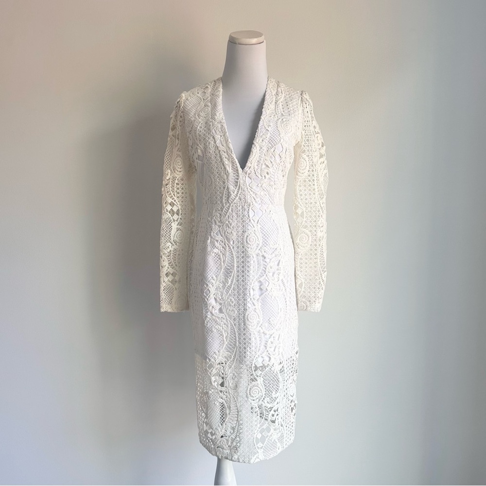 NICHOLAS Fleur Deep V White Long Sleeve Lace Midi Dress